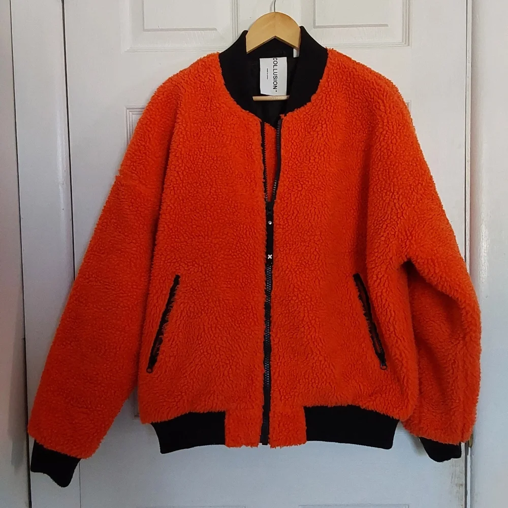 Collusion Orange Fuzzy Bomber Jacket - Picture 1 of 3